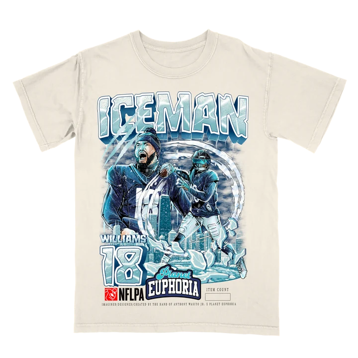 Hand-drawn Caleb Williams Iceman graphic t-shirt, Chicago quarterback design, numbered to 500