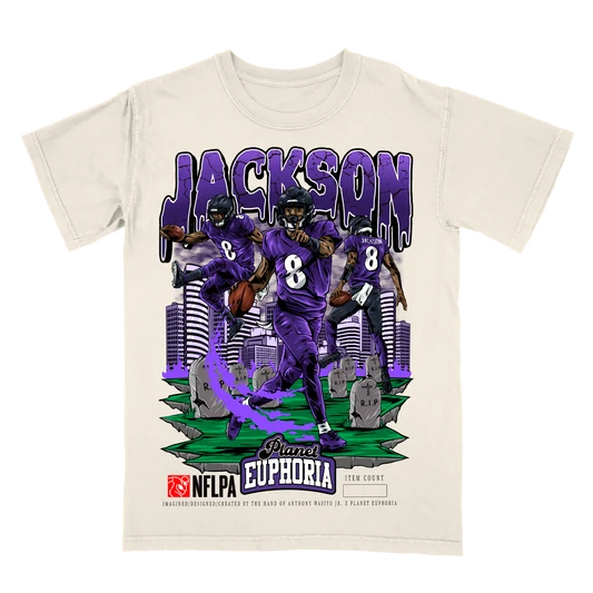 Hand-drawn Lamar Jackson graphic t-shirt, Baltimore quarterback design, numbered to 500